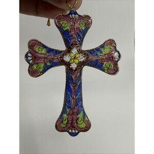 Cloisonne Cross Suncatcher Ornament Stained Glass‎ 4" Tall Blue Goldtone